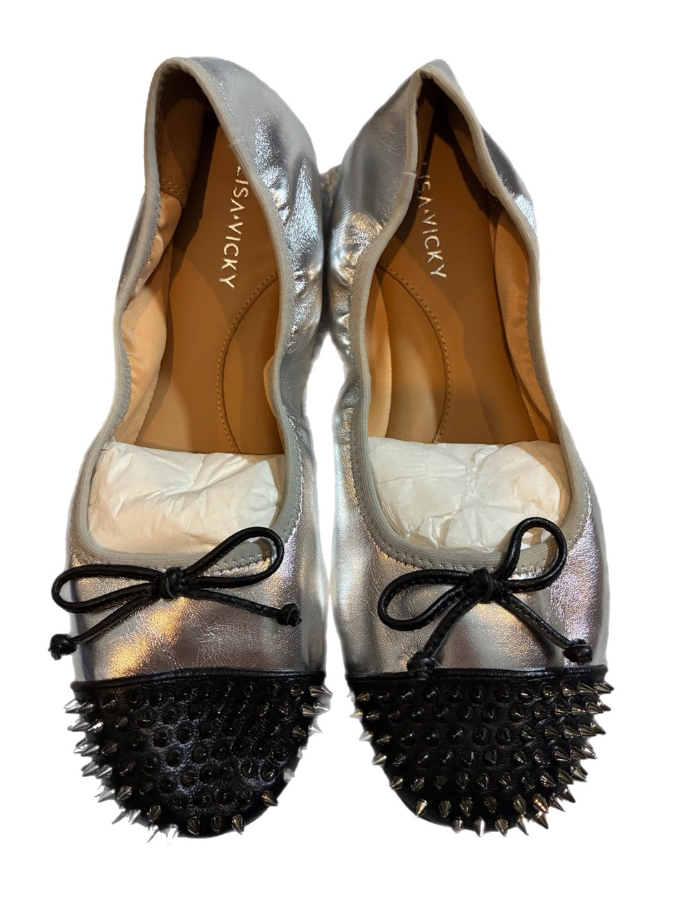 Lisa Vicky Silver Black Studded Toe Ballet Flats Women’s Size 8